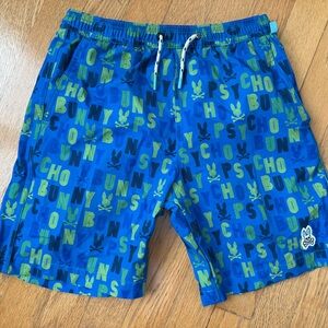 Psycho Bunny Blue and Green Graphic Swim Shorts